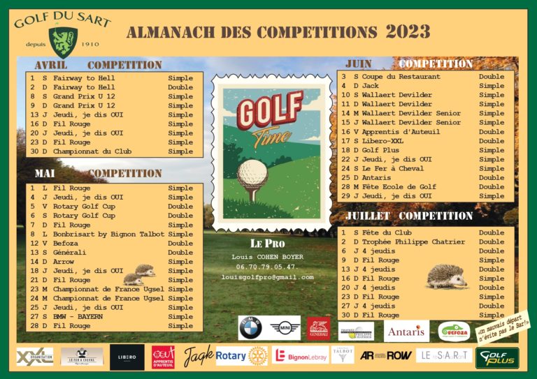 Calendrier 2023 Golf du Sart